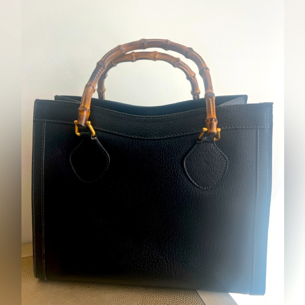Gucci GG Diana Classic Bamboo Brushed Gold Hardware Handle Leather Black Tote